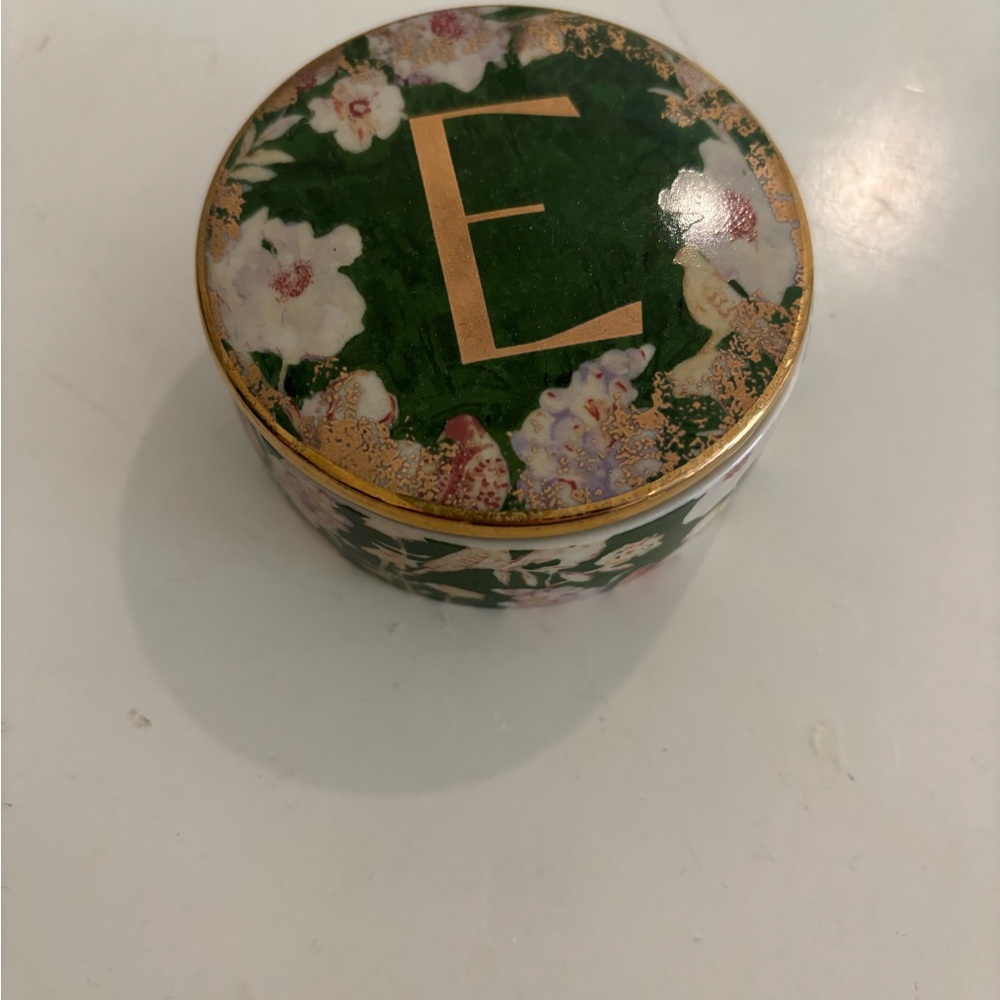 Anthropologie Green and Gold Candle Holder with Floral Accents